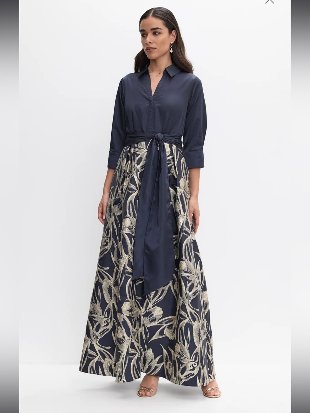 Adrianna Papell Navy Gold Jacquard Long Dress